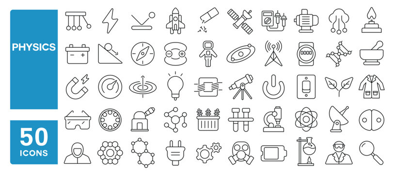 Set of 50 line icons related to physics, electric, electro, statistics, field, dynamics, magnetic, waves, volt, battery, motor, Editable stroke. Vector illustration