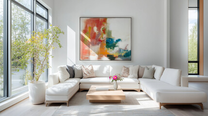 Bright modern living room with white sectional sofa and abstract painting

