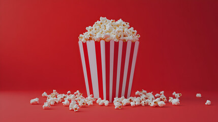 un fondo rojo con palomitas tiradas y una caja con palomitas de maiz con espacio de copia