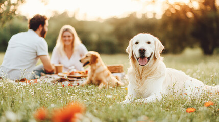 A man, woman and dog are enjoying a picnic in a park