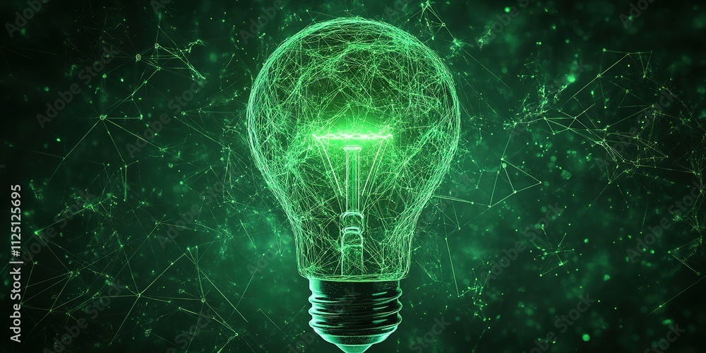 Poster illuminating concepts with a glowing green light bulb against a dark backdrop showcasing energy and 
