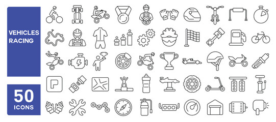 Set of 50 line icons related to vehicles racing, auto, automobile, bicycle, bike, motorcycle, sport, championship, speed, race, Editable stroke. Vector illustration