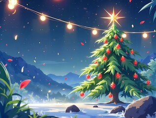 Fototapeta premium A beautifully decorated Christmas tree stands against a green background. It is adorned with red and gold ornaments and a golden star on top. A few wrapped gifts are placed at the base of the tree