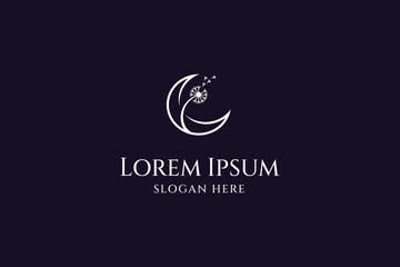 Elegant crescent moon and dandelion flower crescent moon star logo design line icon vector in linear luxury style line © Local Vector