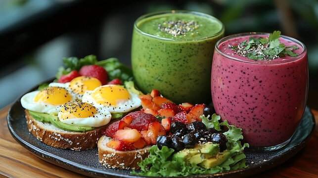 vibrant brunch featuring healthy dishes, including avocado toast topped with eggs, fresh fruits, and colorful smoothies. Perfect for nutritious meal with friends