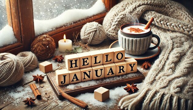 Hello January alphabet letters on snow-covered window. Typography, postcard, calendar, monthly organizer. Template for seasonal promotional background or banner. Social media post