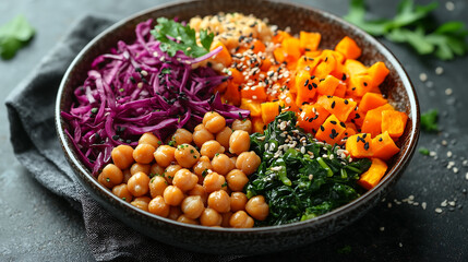 colorful bowl filled with roasted sweet potatoes, chickpeas, purple cabbage, and spinach, garnished with sesame seeds, showcasing healthy and vibrant meal