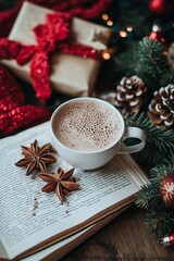 A warm cup of hot chocolate surrounded by festive elements.