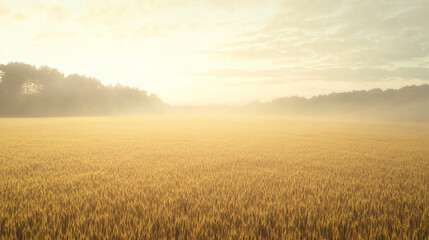Obraz premium Golden fields with layers of fog creating a dreamy atmosphere.