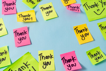 Motivational words for personal development, thank you, inspirational handwriting on sticky notes