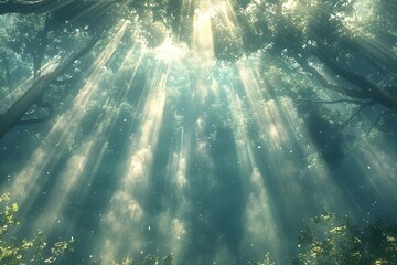 Obraz premium Sunlight Streaming Through Forest Canopy in Serene Woodland Scene