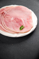 Ham slice pork meat fresh tasty food dish delicious gourmet food background on the table rustic food top view copy space