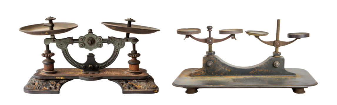Old metal scales for weights isolated on a white or transparent background, Cut out PNG