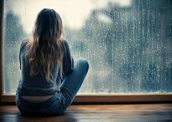Young woman sitting alone in front of a window, looking out at the rain and stormy sky outside