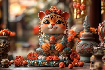 A decorative tiger figurine adorned with floral elements, symbolizing prosperity and joy.