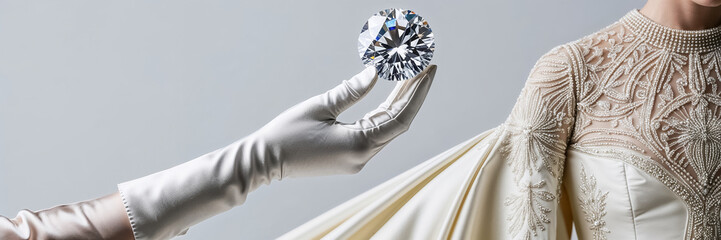 woman's hand in a white glove holds a huge diamond