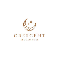 Elegant crescent moon and star logo design line icon vector in linear luxury style outline