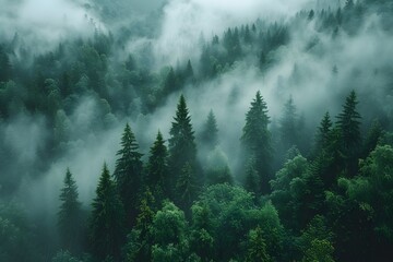 Mystical Misty Forest Landscape with Evergreen Trees in Dense Fog