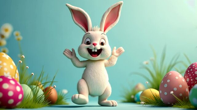Cheerful rabbit celebrates spring Easter with colorful eggs in a vibrant garden setting