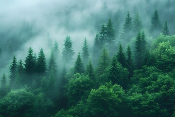 Misty Forest Tranquility with Lush Green Pine Trees in Fog