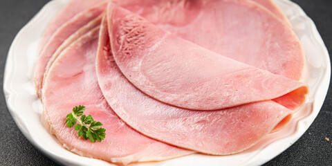 Ham slice pork meat fresh tasty food dish delicious gourmet food background on the table rustic food top view copy space