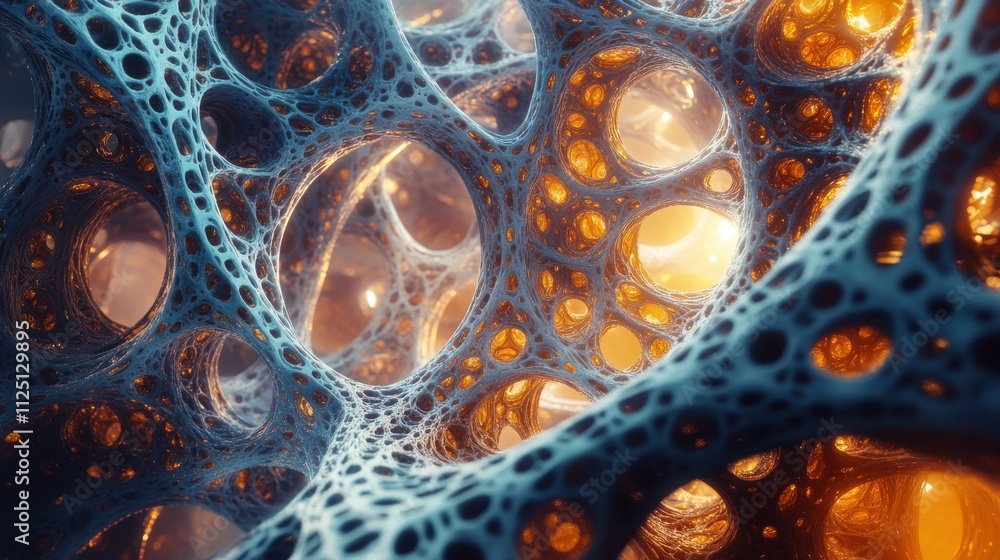 Fototapete abstract 3d rendering of a complex, organic structure with glowing orange and blue hues.