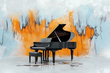 A vintage-style poster featuring an ebony grand piano, with muted colors and elegant typography evoking classic sophistication