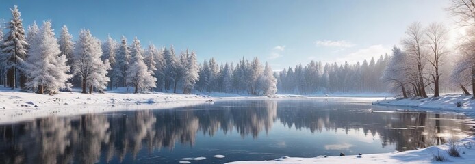 Sparkling snow-covered landscape with frozen lake and trees, serene mountain, sparkling snow