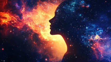 Obraz premium Silhouette of a woman with a cosmic background, blending artistry and the beauty of the universe.