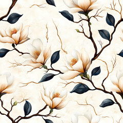 Elegant floral pattern featuring magnolias with delicate branches and leaves, creating serene and modern aesthetic. Perfect for various design applications