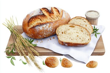 Freshly baked artisanal bread with wheat, sliced and ready to serve on a wooden board, perfect for any meal.