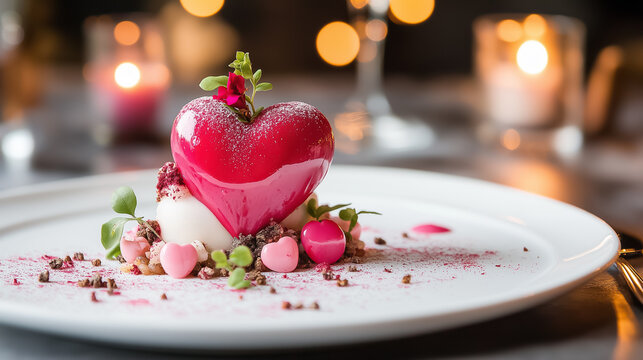 A stunning heart-shaped dessert made with molecular gastronomy, adorned with colorful elements and delicate details