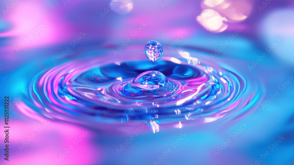 Poster a mesmerizing close-up of a water droplet splashing into a colorful surface, creating ripples and re