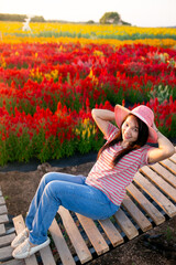Portrait of beautiful asian girl in sunflower field at sunset. Beautiful asian woman in sunflower field at summer day.