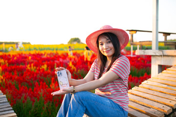 Portrait of beautiful asian girl in sunflower field at sunset. Beautiful asian woman in sunflower field at summer day.
