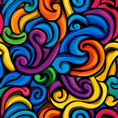 Vibrant swirl pattern in rainbow hues, featuring bold colors and dynamic shapes. This psychedelic design creates lively and energetic atmosphere, perfect for various creative projects