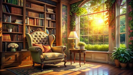 Fototapeta premium Elegant Victorian Reading Nook: AI Generated Landscape Photography, Cozy Library Scene, Vintage Books, Sunlit Window