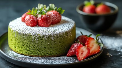 Delicious matcha cake with fresh strawberries.