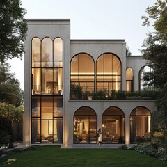 Modern luxury mansion with arched windows and warm lighting.