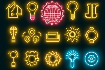 Neon Style Icons of Development, Technology, and Innovation Elements