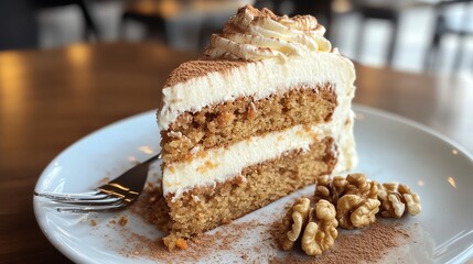 Delicious layered cake with walnuts and cream.