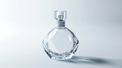 A crystal clear perfume bottle with a sleek, modern design, standing elegantly on a pristine white background, showcasing its intricate details and shimmering surface.