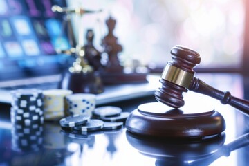 A legal gavel rests on a polished surface amid gambling chips and a laptop screen symbolizing the relationship between law and online casinos. The atmosphere is vibrant with potential.