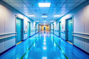 Empty Hospital Corridor Stock Photo: Sterile, Deserted, Medical Hallway, Healthcare Background,  Clean Hospital Interior, Long Corridor..