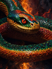 Fototapeta premium Hypnotizing gaze of a snake against a backdrop of bright flames.