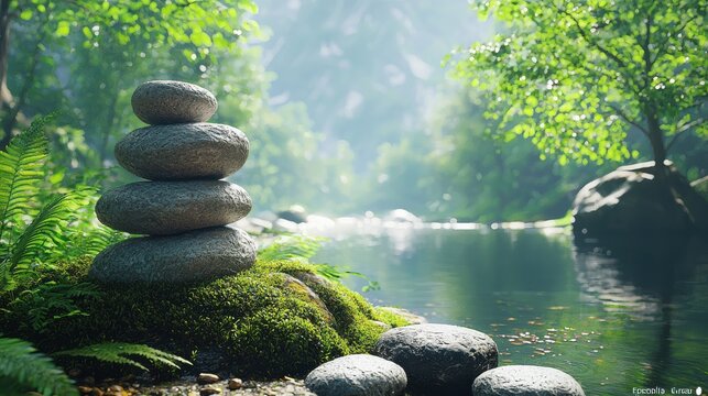 Serene stones stacked by a tranquil stream in a lush forest.