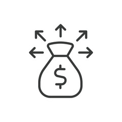 Money bag with arrows, icon in line design. Money, bag, arrows, currency, cash, growth, profit on white background vector. Money bag with arrows editable stroke icon