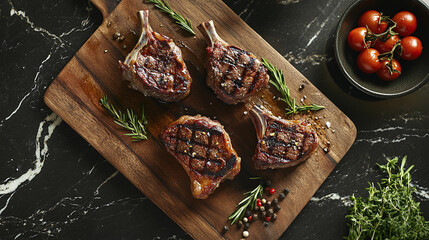 Lamb chop top view on wooden cutting board with butcher rosemary and meat in kitchen, grilled steak and herbs with black pepper and thyme.