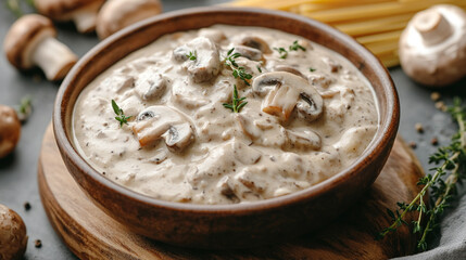 Mushroom sauce and bowl closeup with champignon healthy cream recipe and meal delicious, homemade pasta with parmesan creamy roasted.