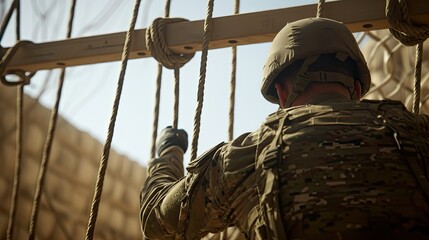 A display of agility and control as the soldier gracefully leaps over a series of low hurdles.